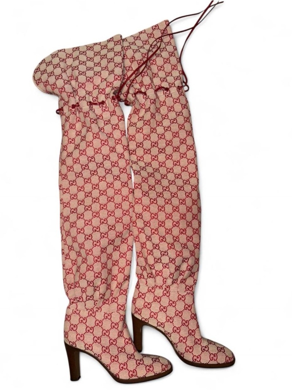 Gucci Beige and Red GG Monogram Over-the-Knee Boots - Picture 2 of 3